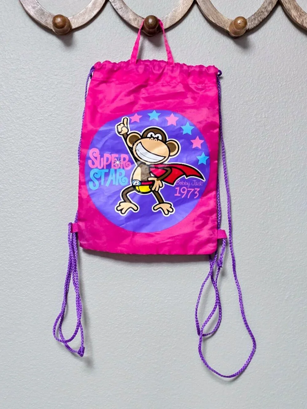 VTG Y2K Bobby Jack Super Star Drawstring Mini Backpack Pink Cinch Bag